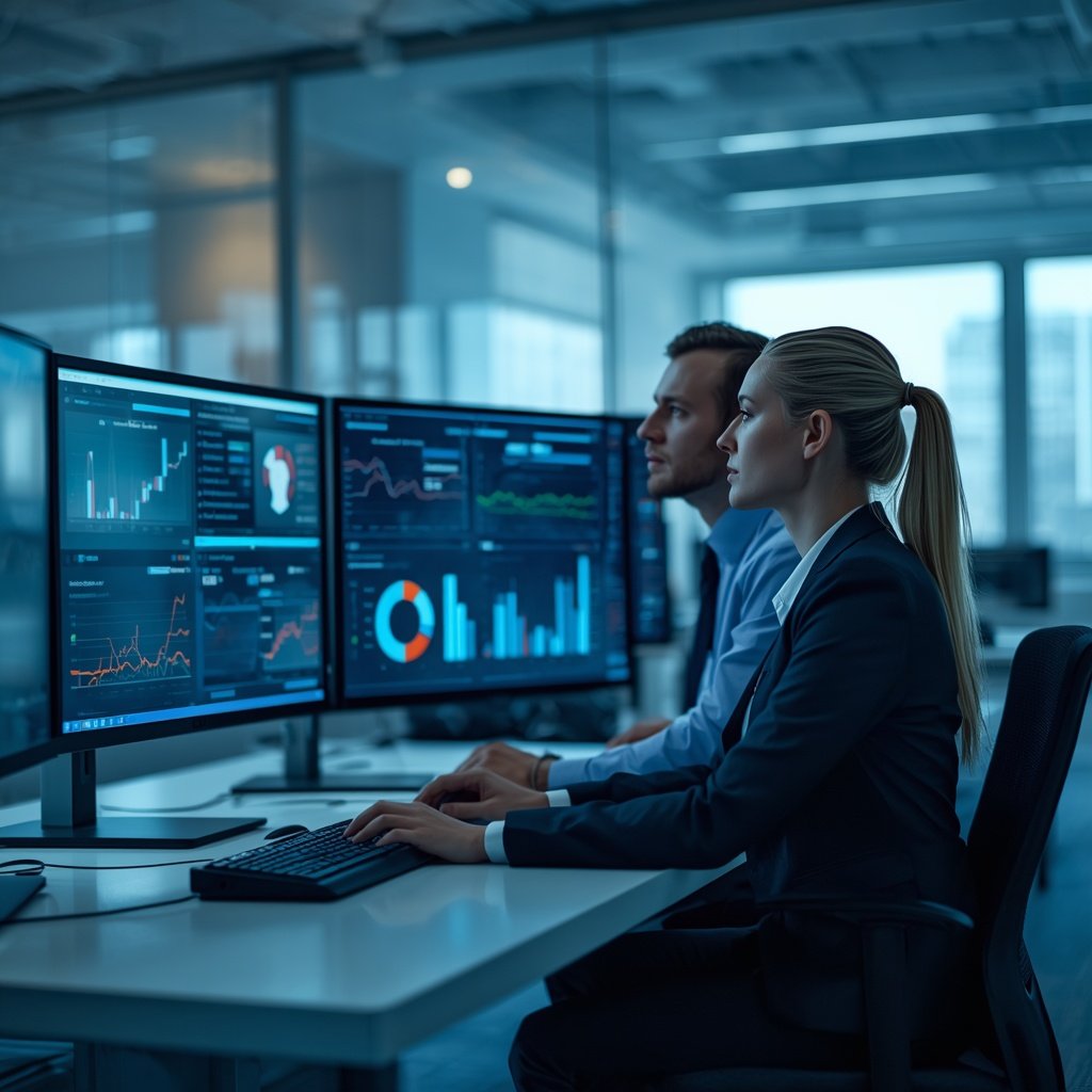 IT professionals reviewing managed service provider dashboards in a modern operations center