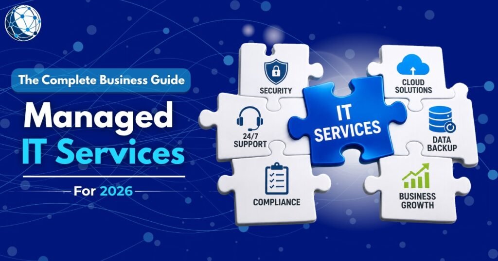 Managed IT services guide showing proactive IT support, cybersecurity, cloud management, and business technology solutions.